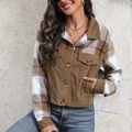 Giacca vintage da donna in velluto a coste patchwork a quadri con bottoni e tasche - Taglia S / Kaki