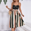 Vestido de verano a rayas para mujer con cadenas doradas y cinturón ajustable chic - S / Negro