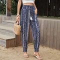 Marineblaue und weiße Boho-Hose mit hoher Taille, Kordelzug und Quastendetails - S / Blau