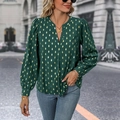 Elegante camicetta a maniche lunghe verde scuro con motivo dorato e maniche a sbuffo - S / Verde Scuro