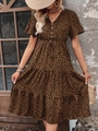 Detail of summer v-neck leopard print midi dress with tiered skirt and ruffle sleeves - S / Coffee Brown