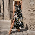 Floral print summer maxi dress with halter backless design and high side slit - S / Black Printed