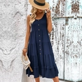 Vestido midi sin mangas azul marino con volantes escalonados y detalle de botones frontales - S / Azul Marino