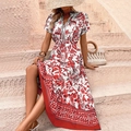 Summer A-line maxi dress featuring red and white ethnic floral print with V-neckline - S / Red