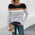 Camiseta de manga larga a rayas para mujer con bloques de color negro y marrón en hombros - S / Negro & Blanco