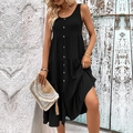 Vestido bohemio negro sin mangas con volantes escalonados y detalle de botones - S / Negro