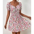 Robe courte fleurie avec manches bouffantes, col en cœur et taille smockée pour femme - XS / Rose Rouge