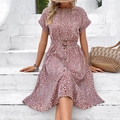Short sleeve floral print dress in dusty pink featuring waist belt and button details - XL / Pink