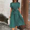 Dark green floral summer dress with short sleeves and waist tie in a midi length style - S / Dark Green