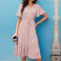 Detail of V-neckline and ruffled sleeves on pink floral summer tiered dress - S / Pink