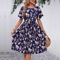 Navy blue summer midi dress with white floral print, ruffle sleeves and pleated skirt - S / Navy Blue