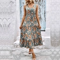 Sleeveless floral V-neck maxi dress with drawstring waist and layered ruffle hem - S / Sage Green Orange White Floral