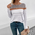 Women's long sleeve crewneck top featuring grey brown and striped patchwork design - Light Gray