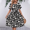 Women's summer black and white floral dress with butterfly sleeves and waist tie - S / Black