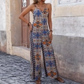 Bohemian wide-leg jumpsuit with blue and orange ethnic print and adjustable straps - XL / Blue