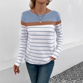 Women's striped long sleeve T-shirt with blue color block and caramel stripe detail - Light Blue