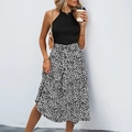 Women's summer two-piece halter neck top and leopard print midi skirt outfit - S / Black