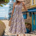 Women's sleeveless V-neck floral dress in light brown with purple rose print and ruffles - Coffee Brown