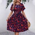 Navy blue summer floral pleated dress with ruffle sleeves and waist tie detail - S / Red