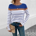 Women's crew neck long sleeve tee with blue color-blocking and brown striped details - Sapphire Blue