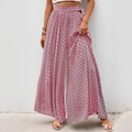 Pantalon large taille haute pour femme avec imprimé géométrique rose et ceinture assortie - Rose