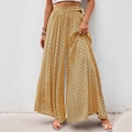 Damen-Hose mit weitem Bein, hoher Taille, gelbem geometrischem Print und Bindegürtel - S / Gelb