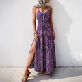Maxikleid mit Blumenmuster in Lila und Blau, Spitzenbesatz und hohem Seitenschlitz - S / Lila