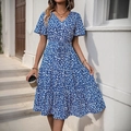 Blue V-neck tiered midi dress with white leopard print and ruffled sleeves - Blue