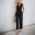 Mono negro sin mangas con cuello en V, detalles de encaje y cinturón anudado para verano - S / Negro