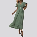 Elegant sage green V-neck dress with flutter sleeves and decorative buttons - S / Green