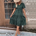 Dark green V-neck ruffle sleeve wrap dress with white polka dot patterns and waist tie - S / Dark Green