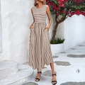 Sleeveless striped maxi dress in khaki and white with practical side pockets - S / Khaki