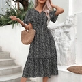 Zomerse midi-jurk met bloemenprint, V-hals, rufflemouwen en elastische hoge taille - S / Zwart