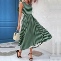 Maxi sleeveless dress with green and white stripes in a flattering high waist cut - S / Green