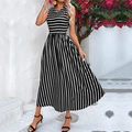 Sleeveless maxi dress with black and white horizontal and vertical stripe pattern - S / Black