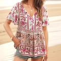 Bohemian floral printed V-neck blouse with ruffle sleeves and button details in white - S / White