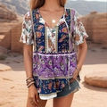 Bohemian floral V-neck blouse with purple print and tassel drawstring detail - S / Purple
