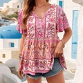 Pink floral bohemian V-neck blouse with tie-front detail and pleated waist ruffle - M / Pink