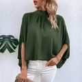 Elegant dark green high-neck blouse with draped collar and slit batwing sleeves for women - Army Green