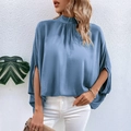 Elegant misty blue satin high neck blouse with stylish pleated collar and split sleeves - S / Light Blue