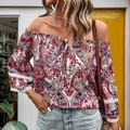 Boheemse paisley blouse met blote schouders en verfijnd kant aan de lange mouwen - S / Rood