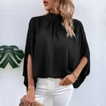 Elegant black mock neck top for women featuring pleated collar and split batwing sleeves - S / Black