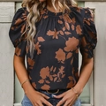 Elegant floral print round neck blouse with puff sleeves and vintage dark base pattern - S / Black