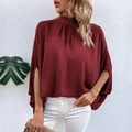 Elegant deep burgundy high-neck blouse with batwing sleeves and pleated detail - S / Burgundy