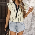 Women's cream ruffle sleeve shirt with black vertical stripes and contrast V-neckline - S / Apricot