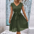 Dark green pleated dress with lace short sleeves and a waist tie for women - S / Army Green