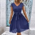 Dark blue V-neck pleated dress with lace-trimmed short sleeves and a self-tie waist belt - Haze Blue