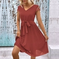Elegant brick red V-neck midi dress with lace sleeves and pleated skirt for summer - Coral