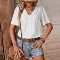 Women's white V-neck short sleeve top with lace stitching and geometric eyelet texture - S / White