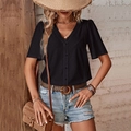 Women's V-neck short sleeve top in black lace with decorative buttons and crochet trim - S / Black